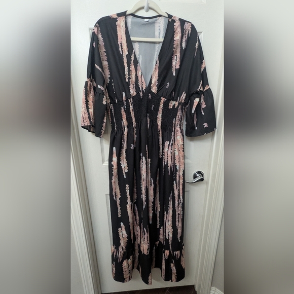 Midi 3/4 Sleeves Black & Brown Dress - Picture 2 of 5